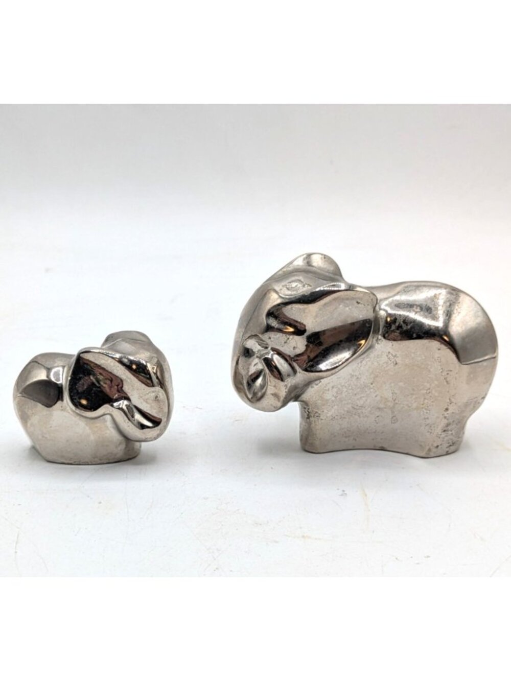 Dansk Mom and Baby Elephant Miniature Paperweights Figurines Chrome Silver